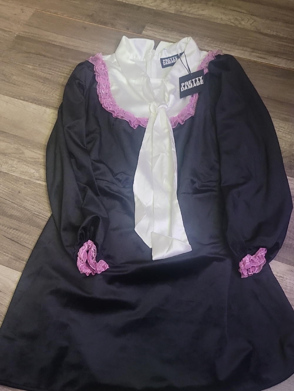 Black Velour Dress with White Bow and Lavender Trim